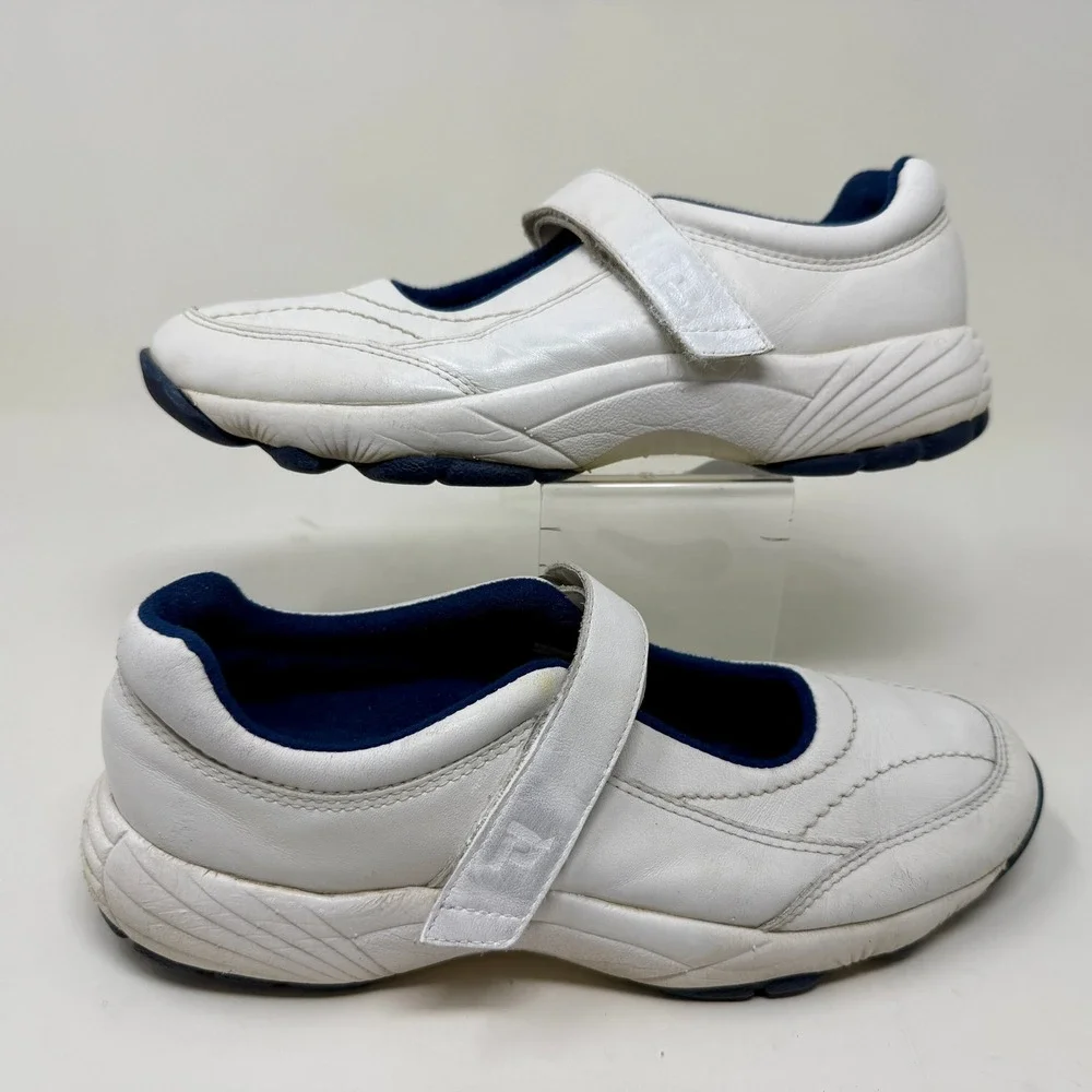 Propet W3868 Womens White Leather Mary Jane Walking Shoes Navy Blue Accent 7.5 M